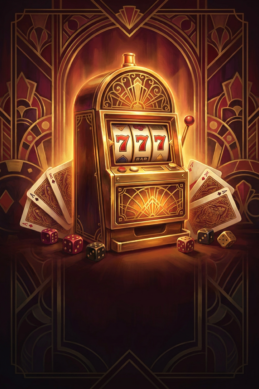 777 cover art: a golden art-deco slot machine showing triple sevens