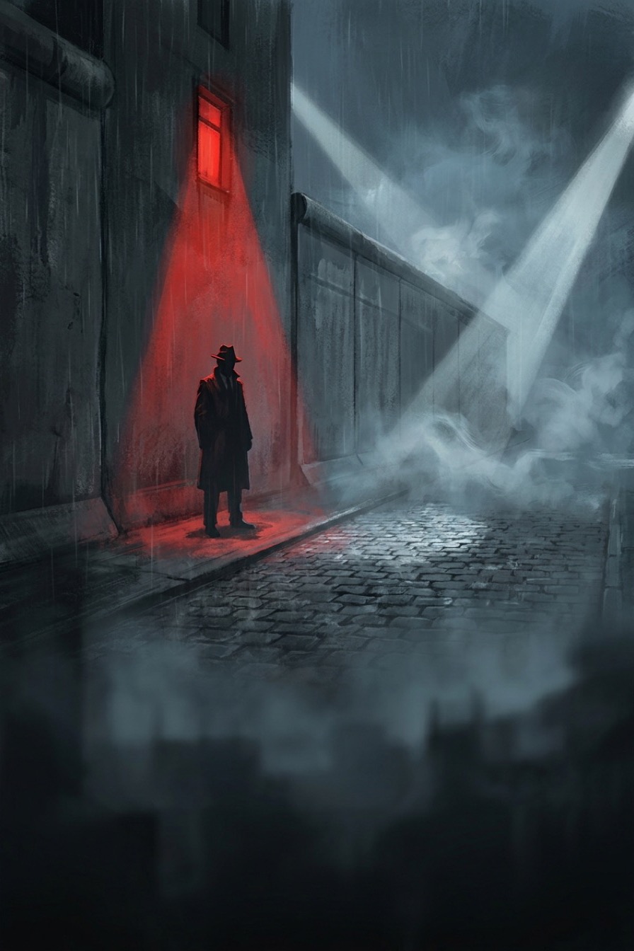 Berlin cover art: a noir spy silhouette by the Berlin Wall under a searchlight
