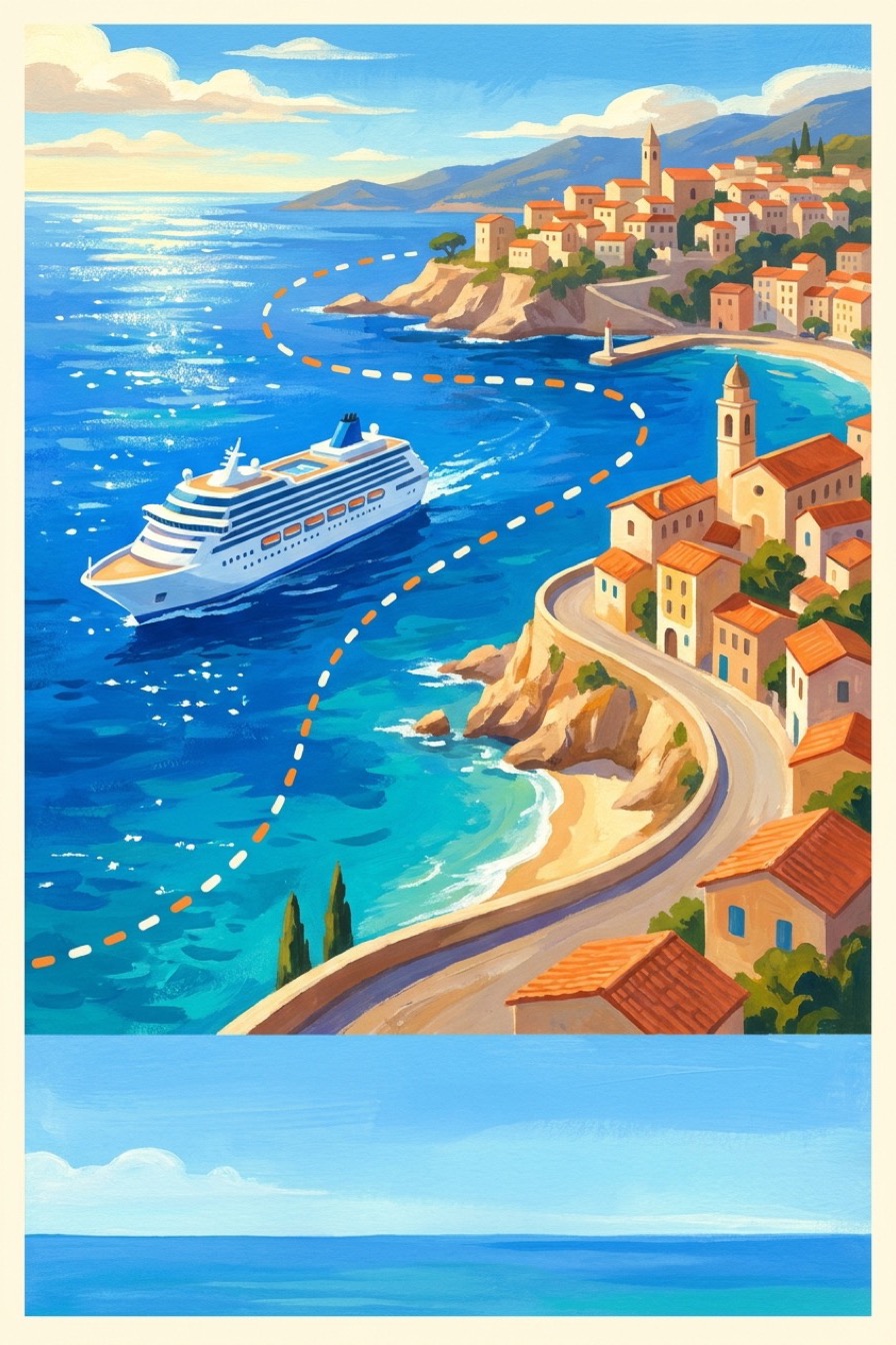 CRUZ cover art: a cruise ship crossing the azure Mediterranean past a coastal village