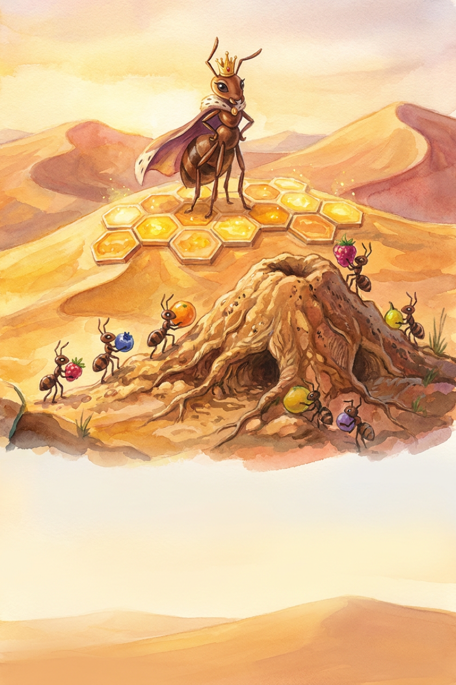 Queen of the Hill cover art: a crowned queen ant atop a honeycomb of hexagons on a golden dune